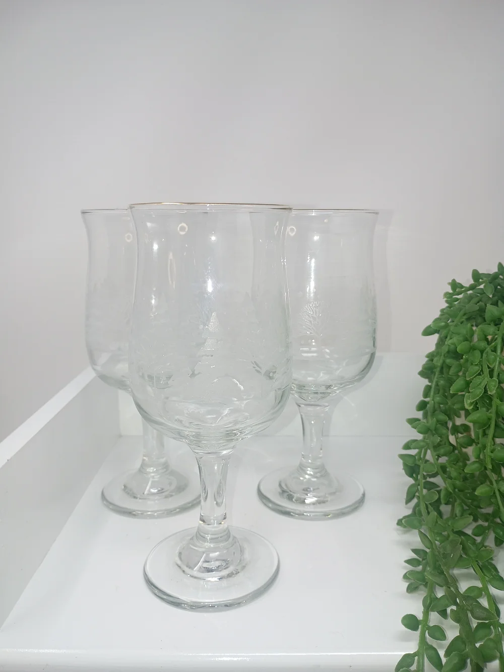Vintage Libbey Winter Wonderland Wine Glasses with Gold Rim - Set of 3